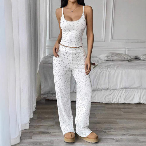 Damen Gemütliches Schlafanzug-Set mit verziertem Top und weiten Hosen EB