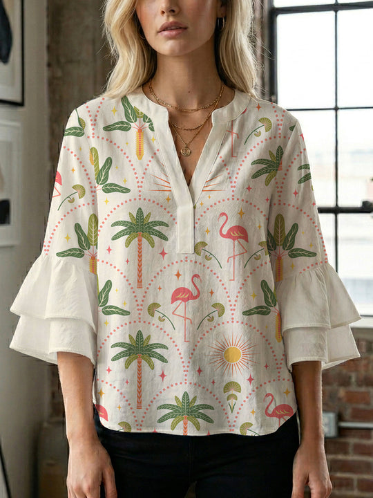 Damen Bluse mit voluminösen Rüschenärmeln und floralem Druck EB