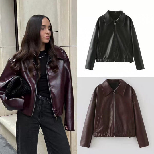 Damen modische Kunstlederjacke mit schlichter Eleganz und praktischen Taschen EB
