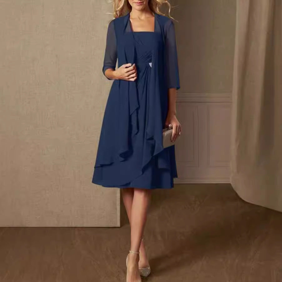 Damen festliches Maxikleid mit einem eleganten Wickeldesign und transparenter Ärmeln Heidi-Mode
