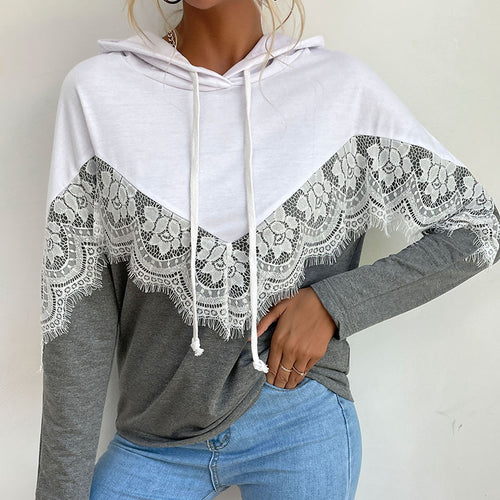 Damen Kapuzenpullover mit elegantem Spitzendesign und kontrastierenden Farben EB