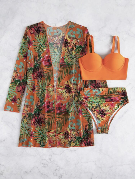 Damen Bikiniset mit floralem Überwurf EB