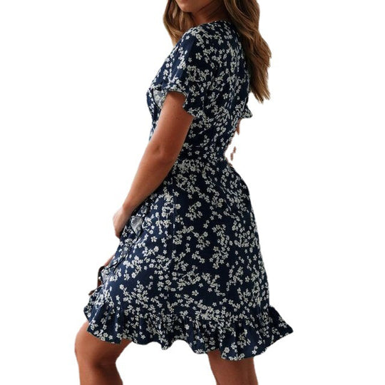 Damen Wickel Blumen Mini Kleid EB