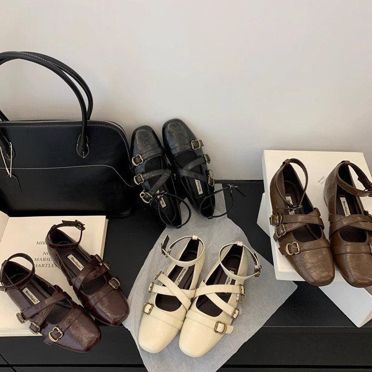 Damen elegante Ballerinas mit modischen Riemchen und verstellbaren Schnallen EB