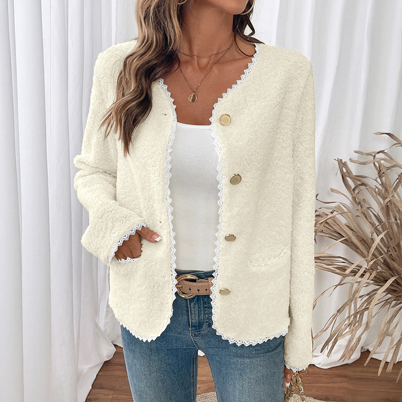 Damen weiche Teddyjacke mit Spitzenverzierung EB