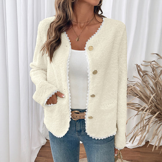 Damen weiche Teddyjacke mit Spitzenverzierung EB