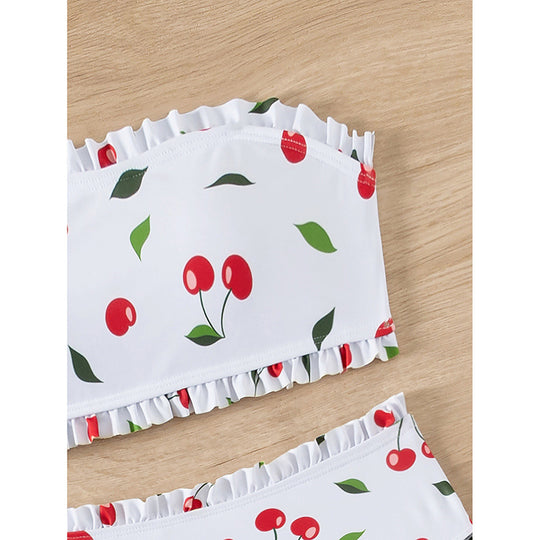 Damen Bandeau-Bikini mit fröhlichem Kirschmuster und eleganter Rüsche EB
