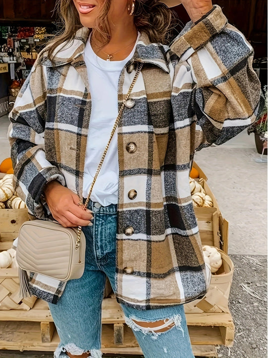 Damen Karierte Flanelljacke mit Knopfdetails und lässigem Schnitt EB