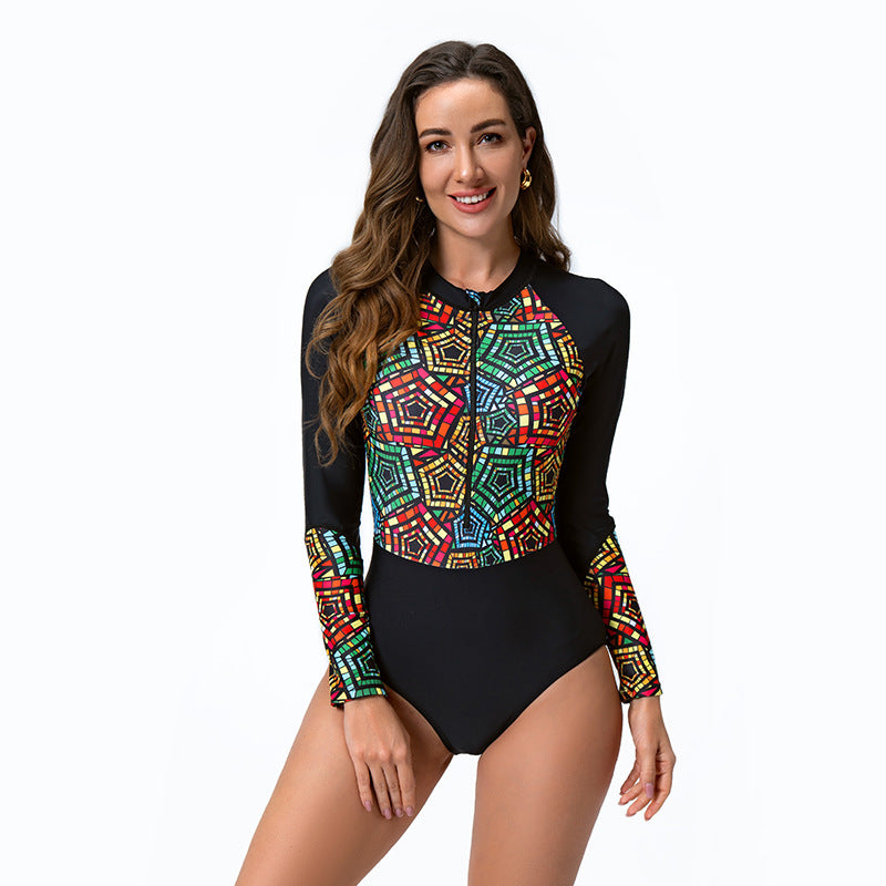 Damen Langarm-Surfanzug mit stylischem Reißverschluss und buntem Muster EB