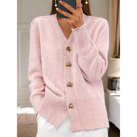 Damen kuschelige Strickjacke mit Herzknöpfen und V-Ausschnitt EB
