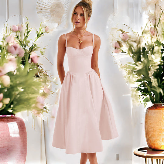 Damen Midikleid mit elegantem Bustier-Oberteil und fließendem Rock EB