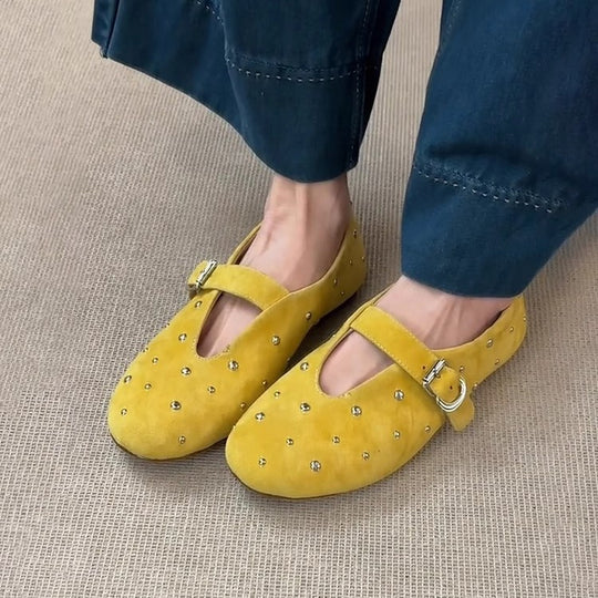 Damen elegante Ballerinas mit dekorativen Schmucksteinen und modischem Riemchen EB