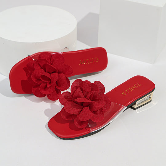 Damen Slides mit floralen Applikationen und funkelndem Blockabsatz EB