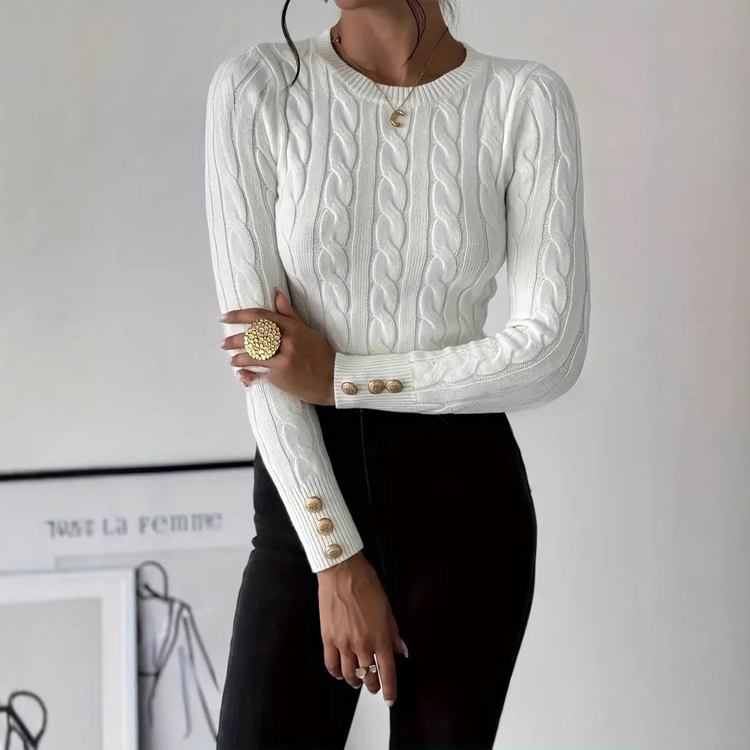 Damen Strickpullover mit Zopfmuster und Knopfdetails EB