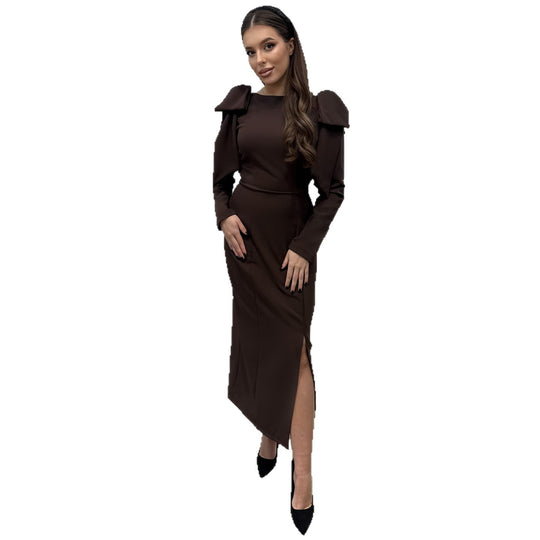 Damen Maxi-Kleid mit eleganten Puffärmeln und seitlichem Schlitz EB