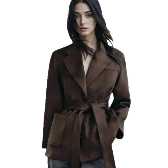 Damen modische Kunstlederjacke mit Taillengürtel und praktischen Taschen EB