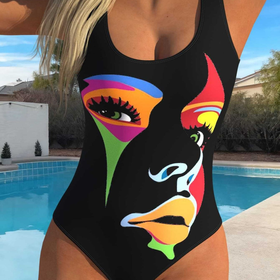 Damen Badeanzug mit kreativem Grafikdesign und hohem Beinausschnitt EB