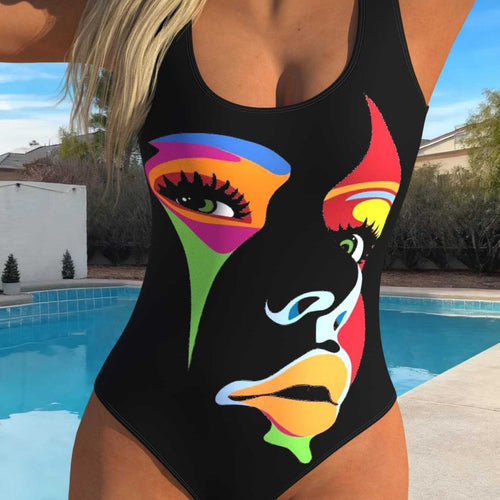 Damen Badeanzug mit kreativem Grafikdesign und hohem Beinausschnitt EB