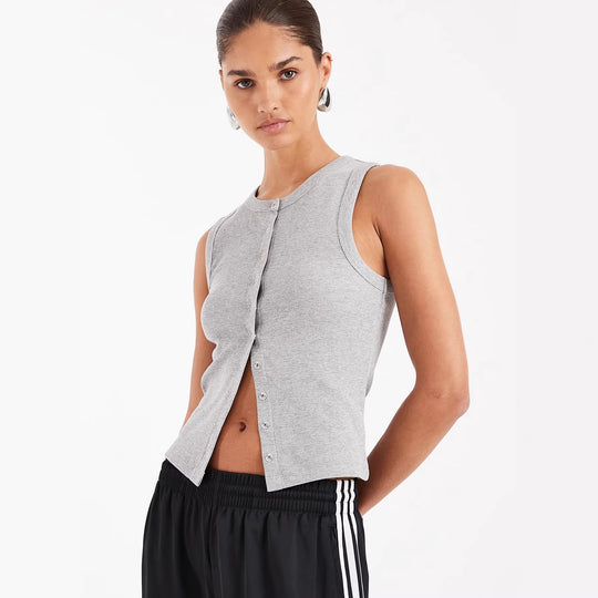 Damen Ärmelloses Rippenshirt mit durchgehender Knopfleiste EB