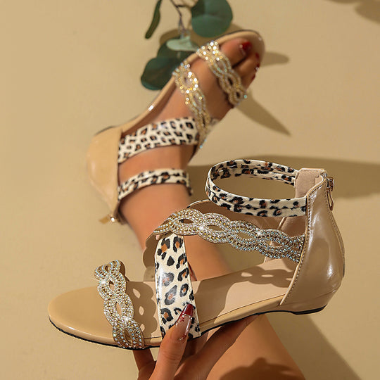 Damen Wedge-Sandalen mit funkelnden Akzenten und leopardem Design EB