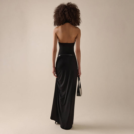 Damen Elegantes Wickelkleid mit hohem Kragen und asymmetrischem Saum EB