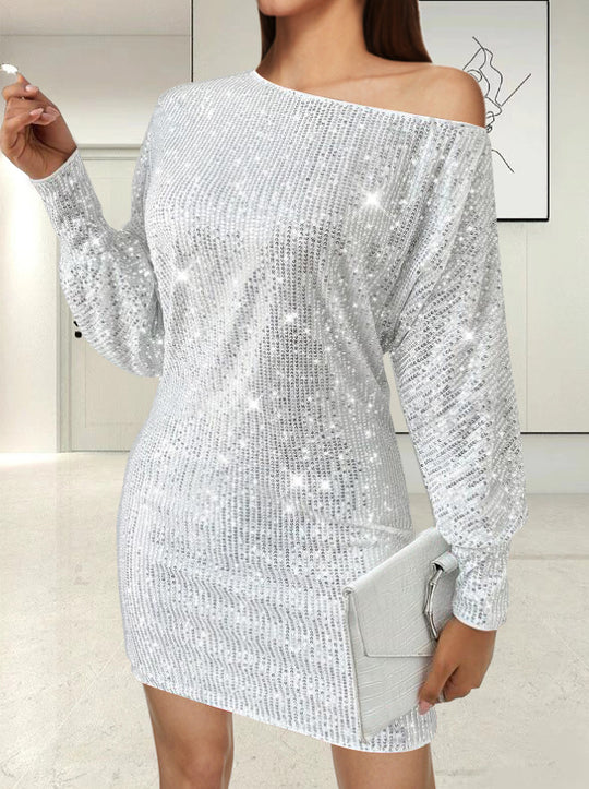 Damen Funkelndes Minikleid mit asymmetrischem Ausschnitt und Ballonärmeln EB