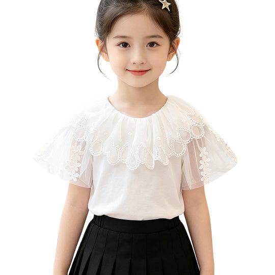 Mädchen T-Shirt mit elegantem Tüllkragen und floralem Detail EB