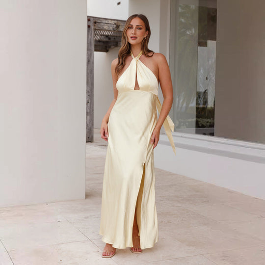Damen Elegantes Wickelmaxikleid im Halterneck-Stil mit seitlichem Schlitz und Taillengürtel EB