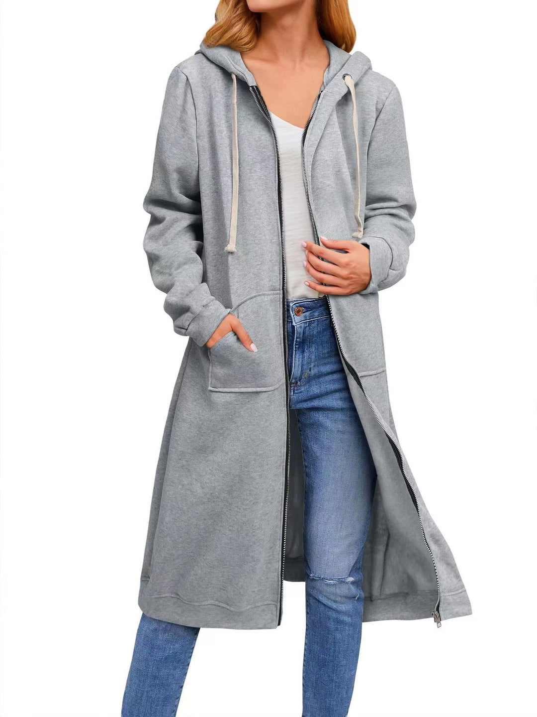 Damen lange Kapuzenjacke mit Reißverschluss und praktischen Taschen EB