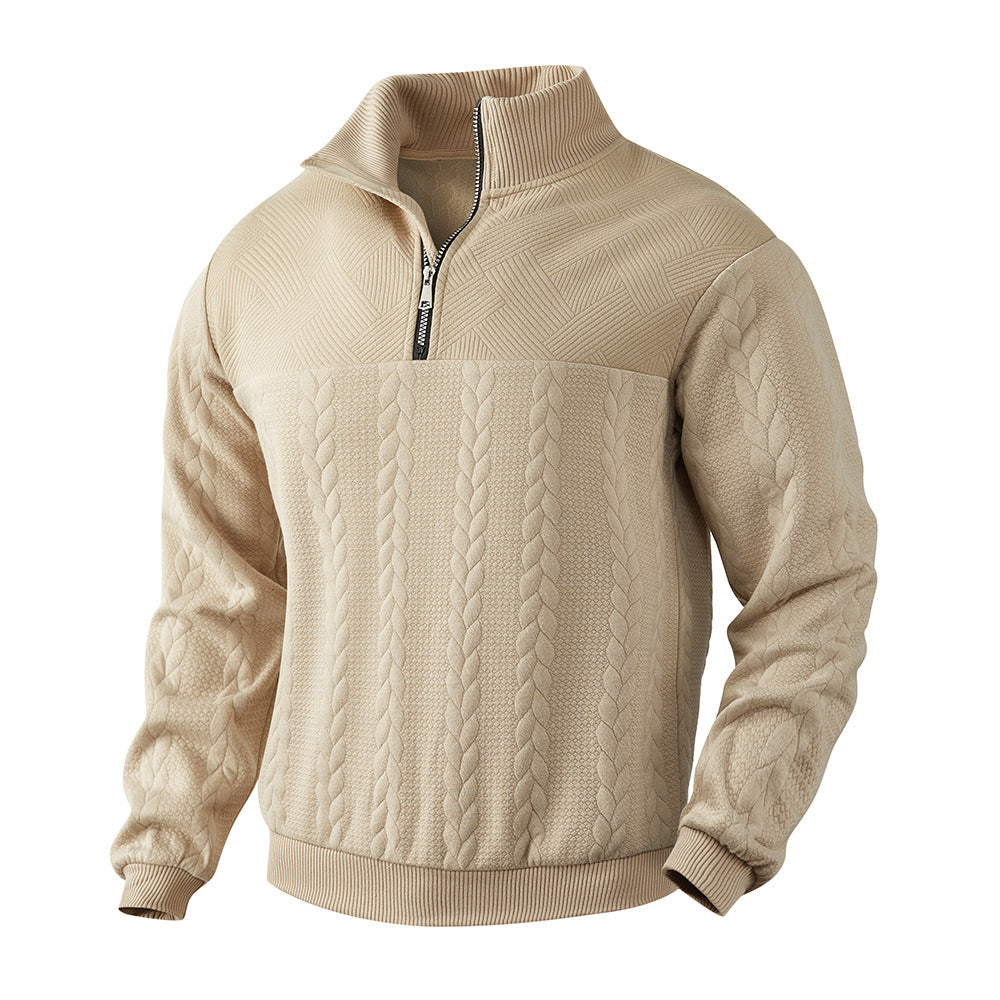 Herren nan grobgestrickter Troyer-Pullover mit Zopfmuster, Stehkragen und halbem Reißverschluss EB