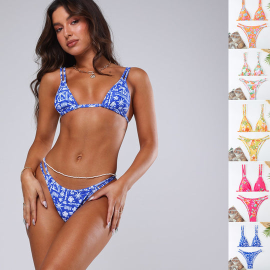 Damen Triangel-Bikini mit verspieltem Blumenmuster und raffinierten Schnürdetails EB