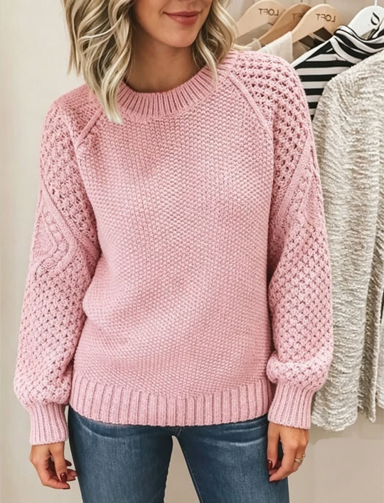 Damen Grobgestrickter Rundhals-Pullover mit Ajour- und Zopfmusterärmeln EB