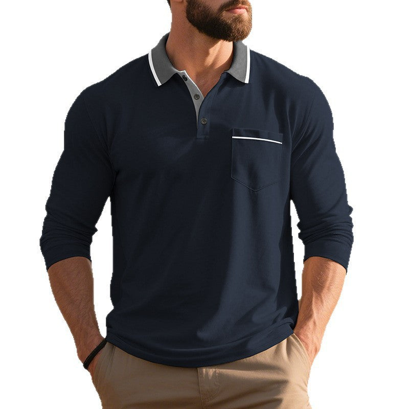 Herren nan langärmeliges Polohemd mit Kontrastkragen, Brusttasche und feinem Baumwollstretch EB