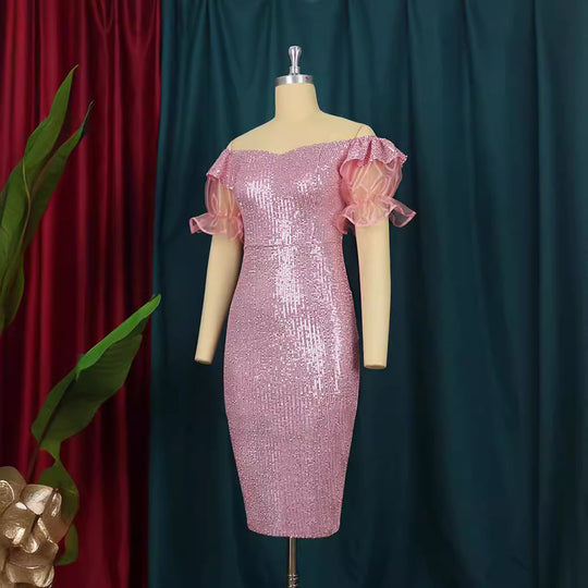 Damen Glitzerndes Cocktailkleid mit schulterfreiem Design und voluminösen Puffärmeln EB