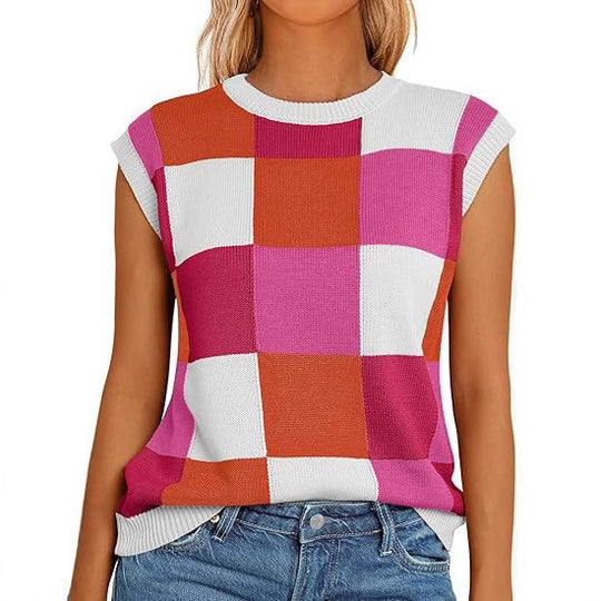 Damen lässiges ärmelloses Pullover-Top mit karierter Musterung EB