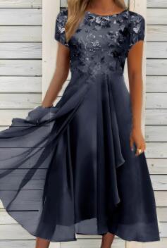 Damen nan elegantes Chiffon-Midikleid mit floraler Spitzenapplikation und fließendem Tellerrock EB