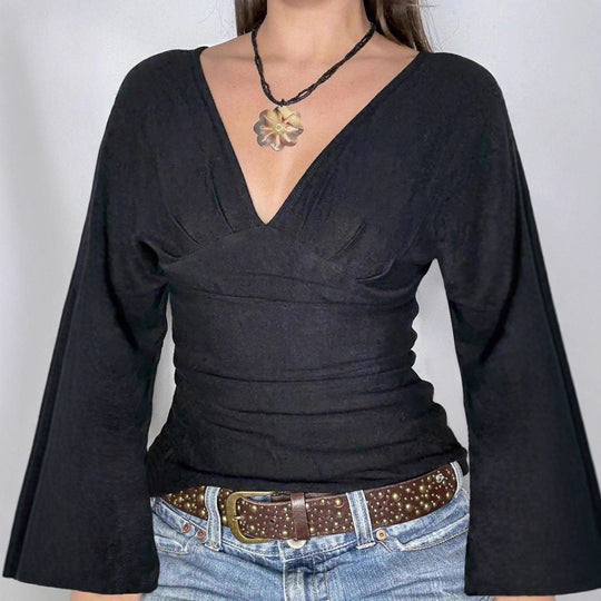 Damen nan figurbetontes Langarm-Top mit tiefem V-Ausschnitt, Nackenband zum Binden und taillierter Silhouette EB