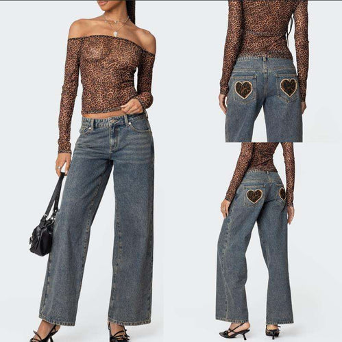 Damen Off-Shoulder Langarmshirt mit Leopardenmuster EB