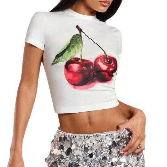Damen Crop-T-Shirt mit fruchtigem Kirschmotiv und figurbetontem Schnitt EB