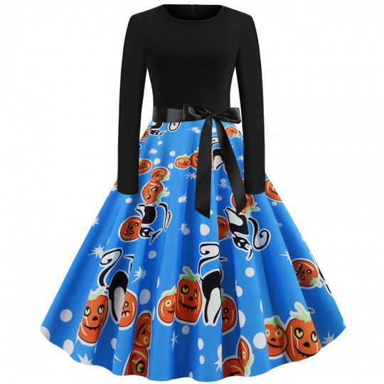 Damen Vintage Swingkleid mit Kürbisprint, langärmlig und taillierter Satinschleife EB