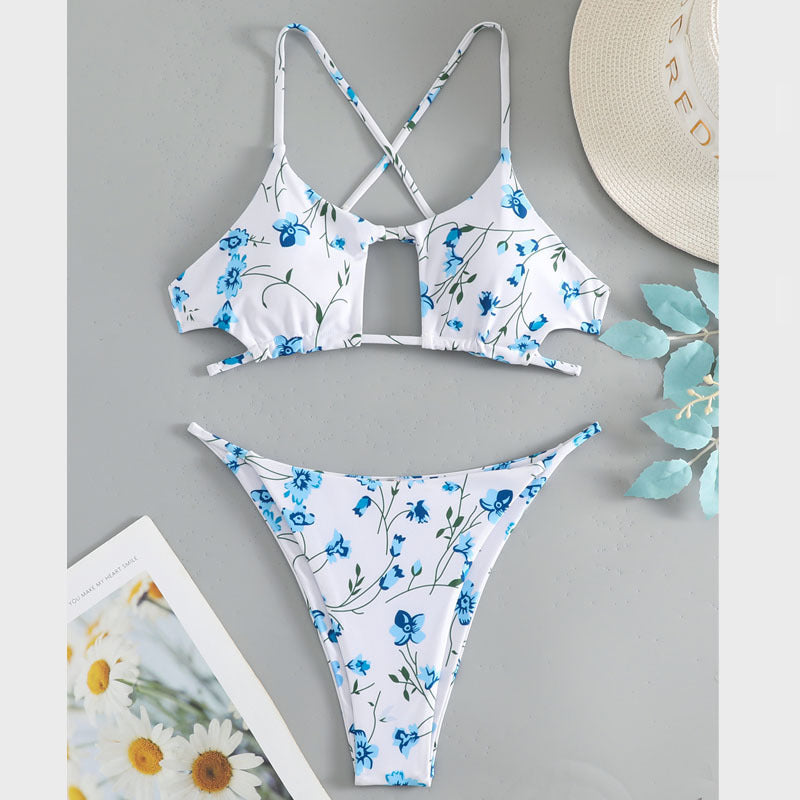 Damen Triangel-Bikini mit versetzten Trägern und floralem Muster EB