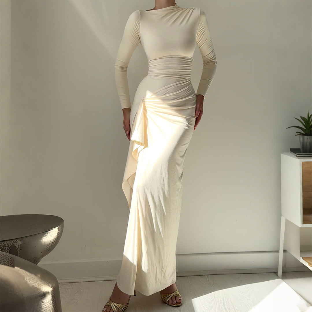 Damen nan gerafftes Maxikleid mit langen Ärmeln, taillierender Stretch-Passform und seitlichem Volant-Detail EB