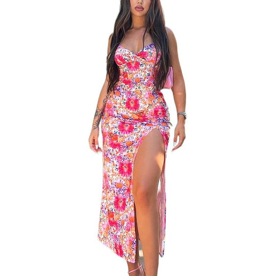 Damen Maxikleid mit seitlichem Schlitz und zartem Blumendruck EB