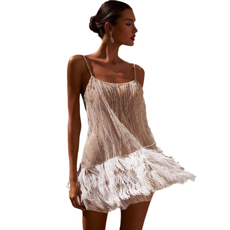 Damen Funkelndes Pailletten-Cocktailkleid mit Federn EB