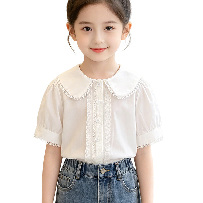 Mädchen Bluse mit elegantem Kragen und Spitzenverzierung EB