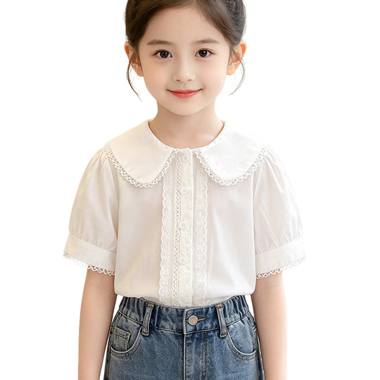 Mädchen Bluse mit elegantem Kragen und Spitzenverzierung EB