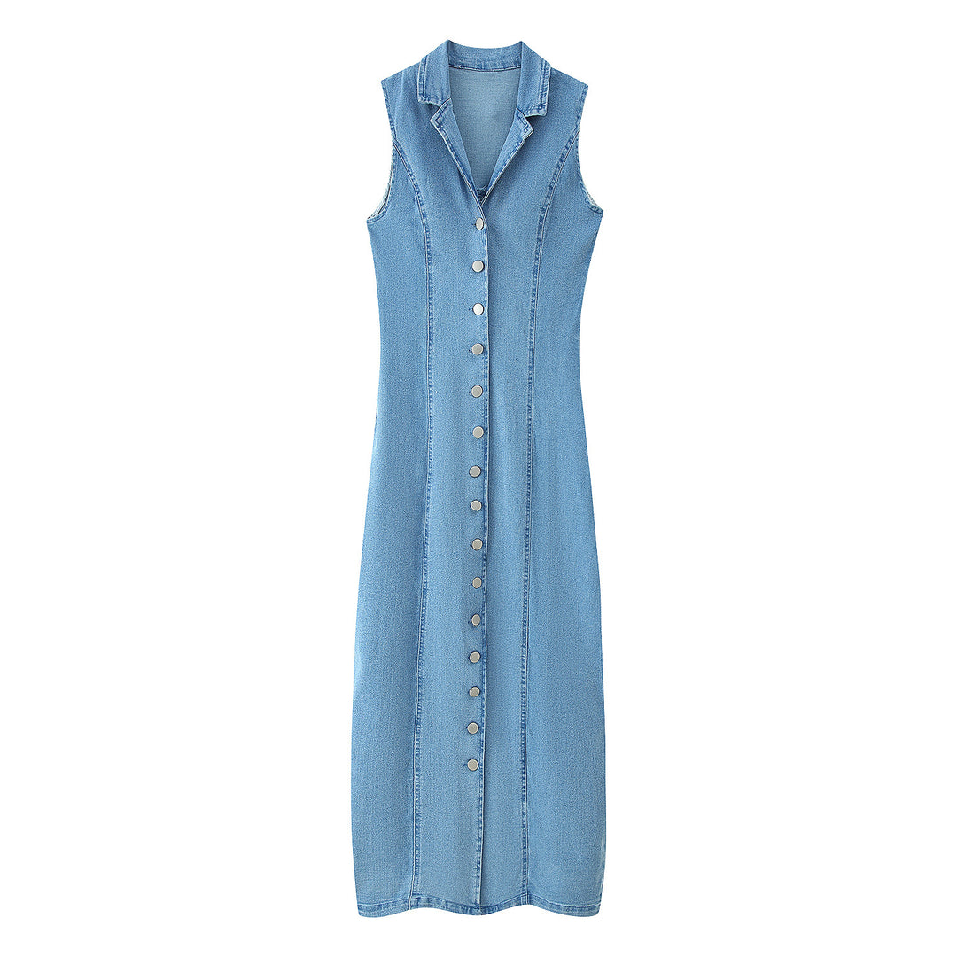 Damen Denim Maxikleid mit Knopfleiste und hohem Kragen EB
