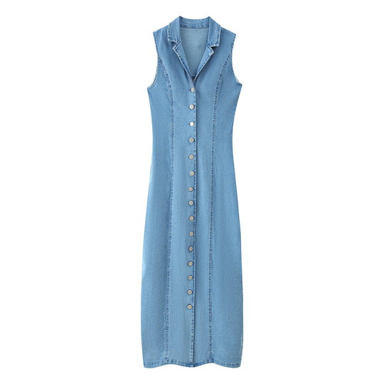 Damen Denim Maxikleid mit Knopfleiste und hohem Kragen EB