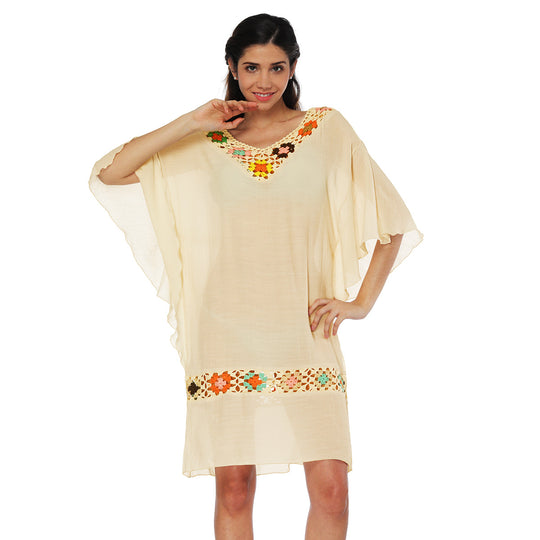 Damen luftiger Strandüberwurf mit buntem Häkelmuster EB
