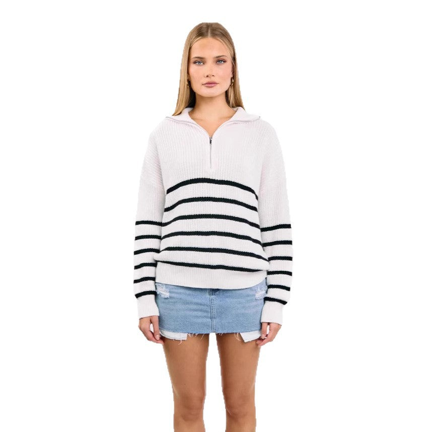 Damen sportlicher Strickpullover mit halbem Reißverschluss und Streifenmuster EB